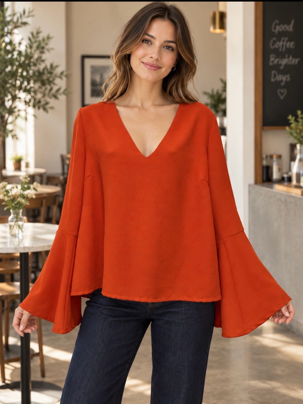 Elliatt Australia Orange Bell Sleeve V-Neck Blouse Top size M